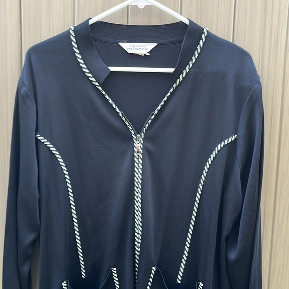 Exclusively Misook Black Jacket Sz Large Green Trim Knit Zip Front Cardigan - Picture 2 of 7